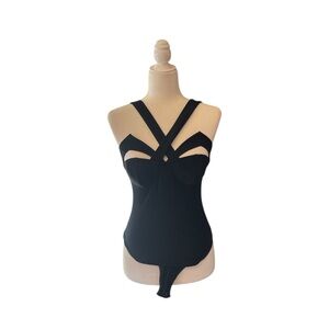 Victoria’s Secret Black sleeveless vintage bodysuit criss cross halter neckline